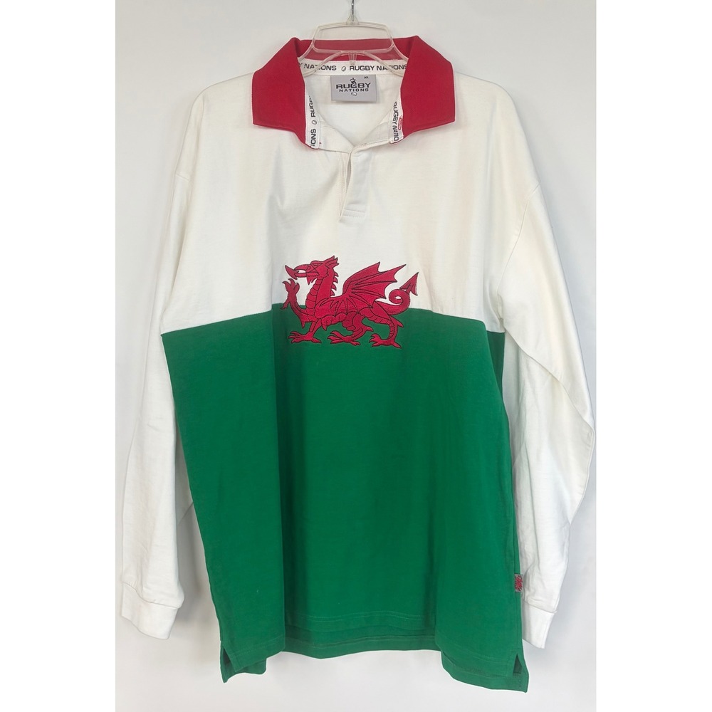 Vtg Rugby Nation Wales Red Dragon Jersey Shirt Green White XL Long Sleeve Cotton